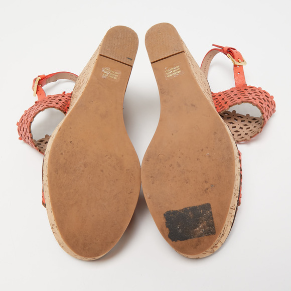 Tory Burch Orange Perforated Leather Daisy Cork Wedge Sandals Size 37 - Picture 5 of 8